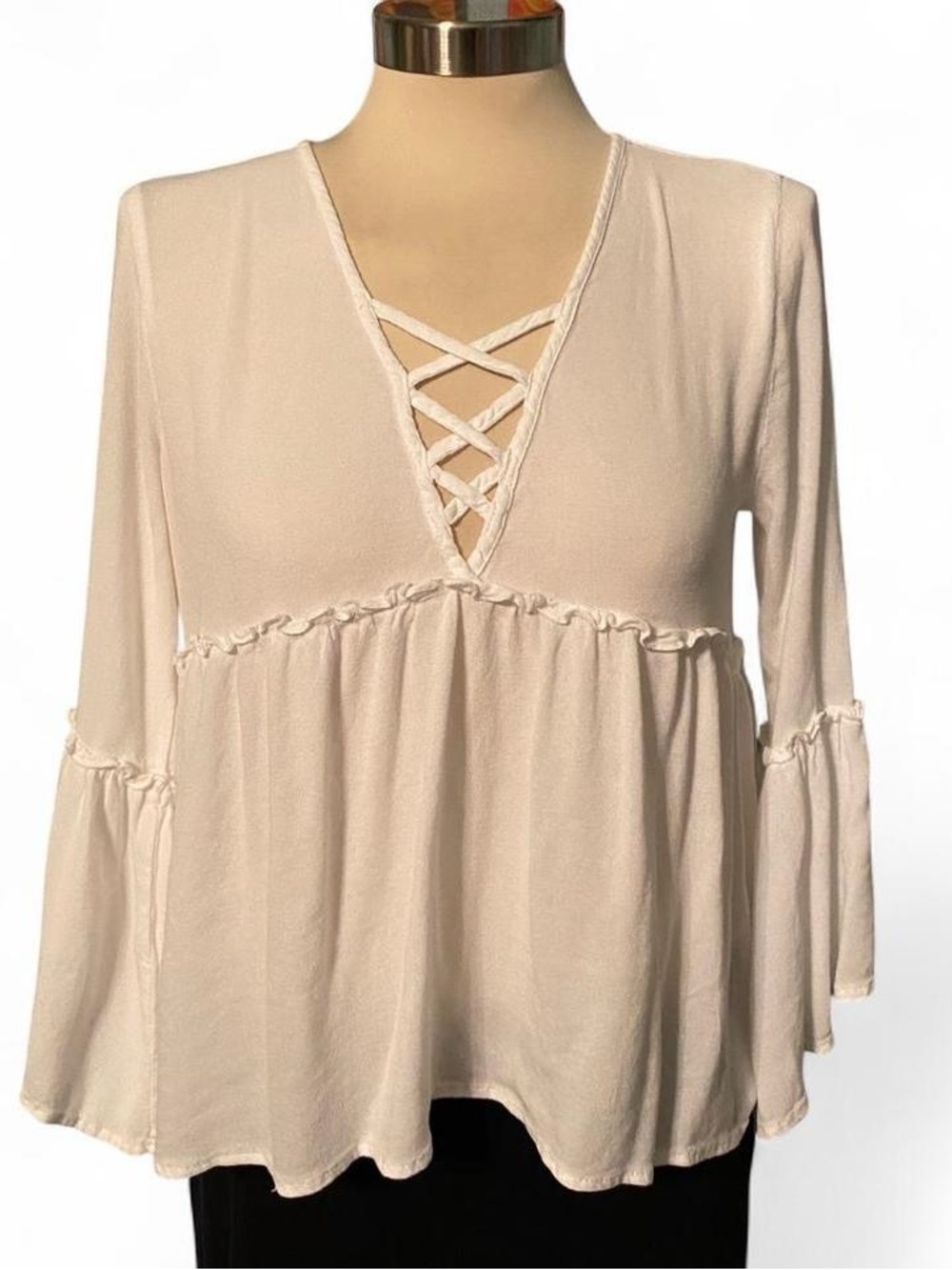 Ambiance White Crisscross V-Neck Babydoll Blouse With Bell Sleeves